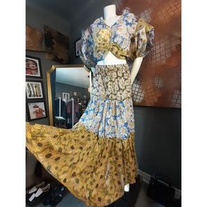 Zara Cotton Boho Tiered Maxi Skirt in Mustard, Blue & Olive Daisy Print